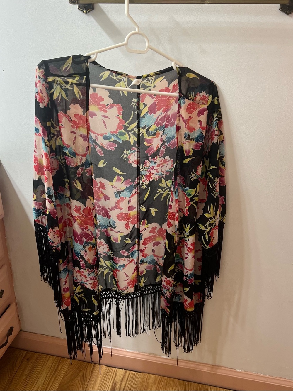 On Twelfth Floral Black Fringe Kimono Cardigan - Women's Lightweight Cover-Up